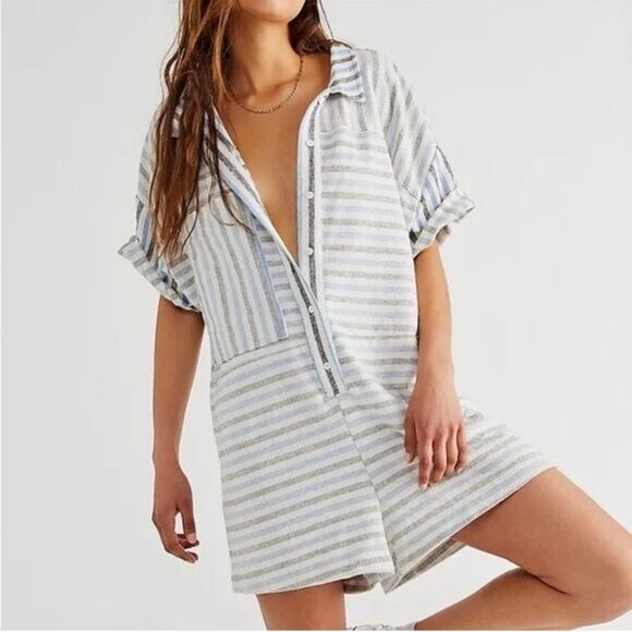 Free People For the Boys Oversized Striped Knit Romper in White/Blue/Black - XS - Picture 1 of 7